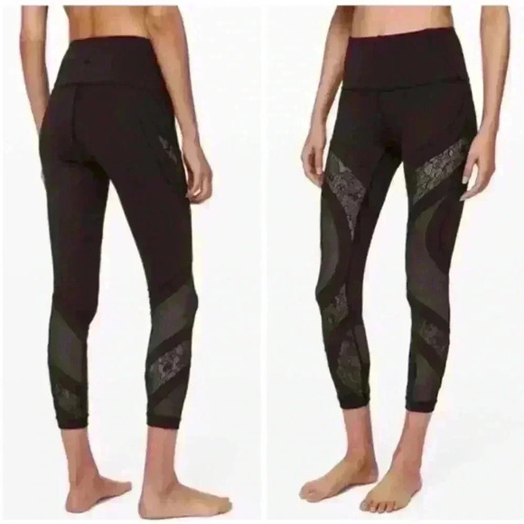 Lululemon Athletica Black Lace Floral Wunder Under Compression Leggings Size 4 - Picture 1 of 11